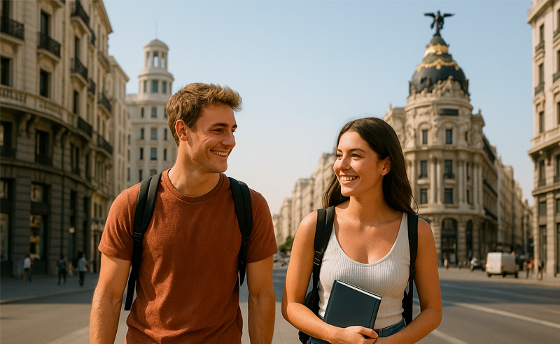 Estudiantes latinoamericanos paseando por la Gran Vía de Madrid
